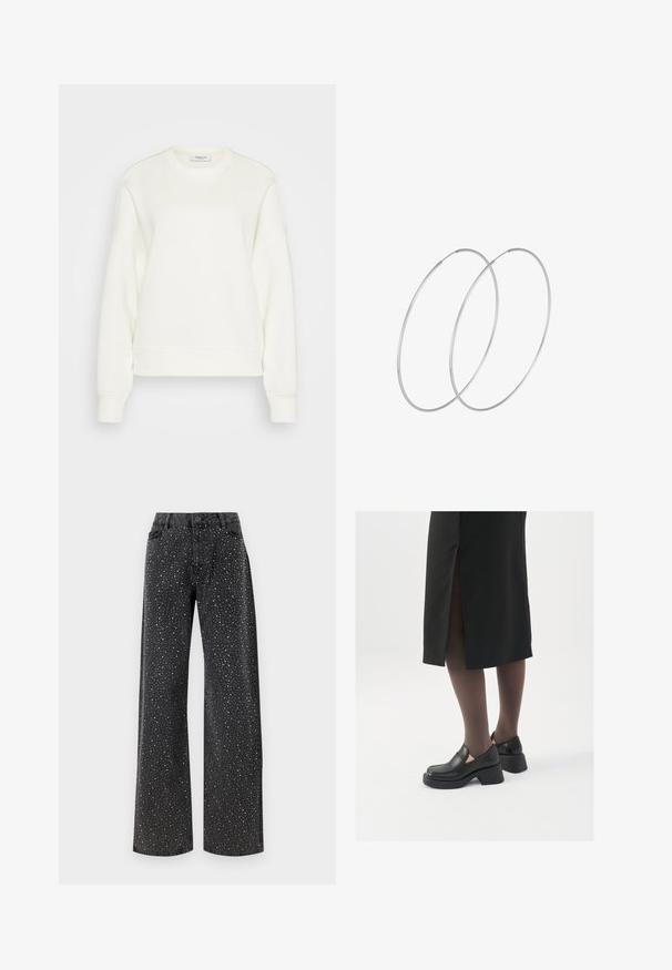 Kreppi kaelusega sviiter heleses toonis, valmistatud pehmest puuvilla segust. Omab pikki varrukasid, mugavat lõike ja soonikkoes helmeid ning varrukaotsi.; Noisy May NMJANNEL LOOSE - Avar lõikega teksad - black denim; Mustad mustad jalatsid ümmarguse varbaga, paksu plokkniidi ja elastsete külgdetailidega, kombineeritud tumedate sukkade ja musta lõhikuga seelikuga.; Hõbedased rõngastikkaehingad minimalistlikus disainis. Ümar kuju, sile tekstuur ja õhuke profiil. Kerged ning poleeritud viimistlusega.