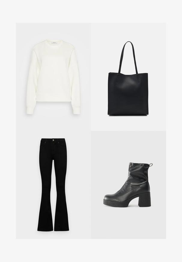 Felpa girocollo color avorio, realizzata in morbido misto cotone. Presenta maniche lunghe, una vestibilità comoda e orlo e polsini a coste.; Jeans neri a vita alta con chiusura a bottoni e zip, tasche frontali e gambali svasati, distesi su uno sfondo bianco.; Stivali neri alla caviglia in pelle liscia, con zip laterale, tacco spesso e texture, e punta arrotondata.; Borsa tote in pelle nera con texture liscia, forma rettangolare e due manici lunghi. Nessun hardware o decorazione visibile.