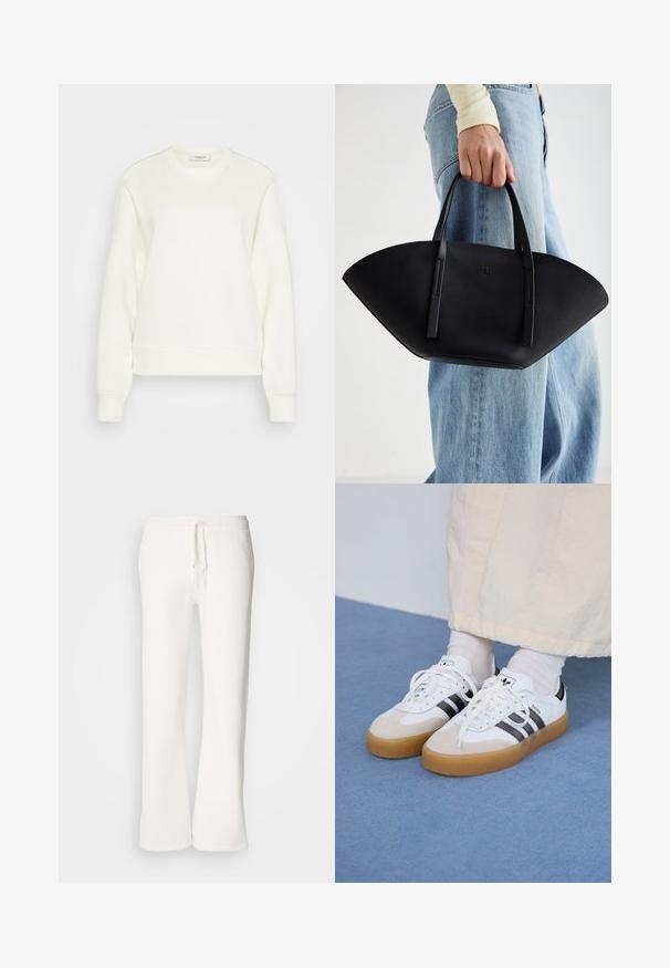 Hosszú ujjú, laza szabású, puha pamut keverékből készült, krémfehér crewneck pulóver. A régi stílust idéző bordás szegéllyel és mannolás ujjakkal rendelkezik.; Fehér, laza szabású melegítőnadrág, puha anyagból készült, rugalmas derékkal és zsinórral, egyenes szárú kialakítással.; Fehér sportcipő fekete csíkokkal és bézs velúr részletekkel. Texturált gumi talppal és lapos fehér fűzőkkel rendelkezik, világos színű zoknival viselve.; Fekete bőr kézitáska egyedi legyezőformával, lapos füllel. A felülete kőriszerű textúrájú és minimalista dizájnnal rendelkezik.