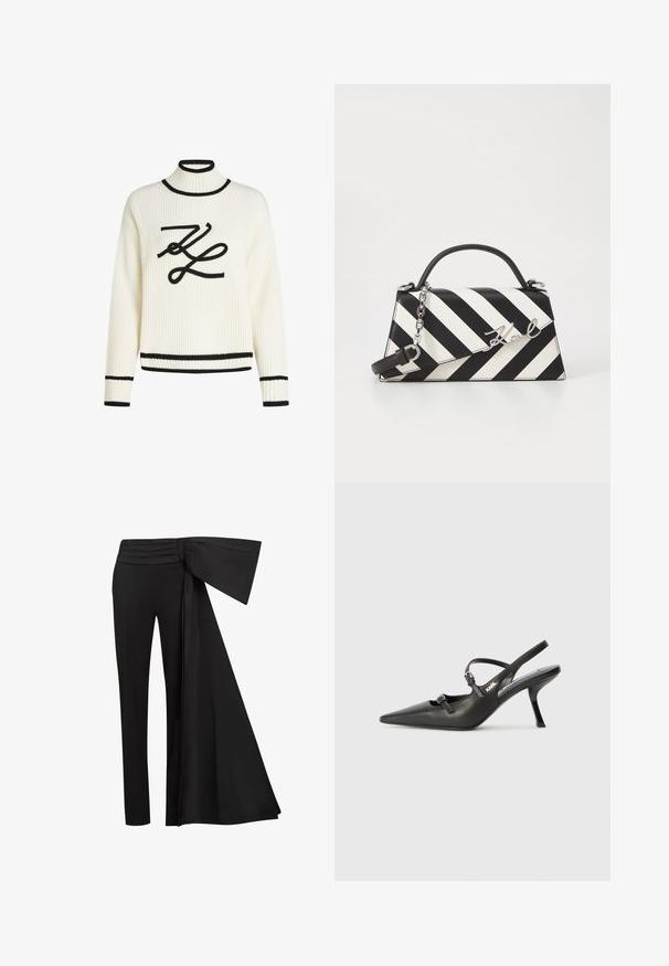 Pulover crem cu model în dungi, cu guler înalt, margini negre și un logo negru proeminent. Are mâneci lungi și o croială relaxată.; Pantaloni negri cu un detaliu lat de panglică înfășurată la talie. Material neted, croială dreaptă și brâu plisat.; Pantofi cu toc slingback din piele neagră, cu vârful ascuțit, toc subțire și detaliu decorativ cu cataramă pe partea din față. Textură netedă și design elegant.; Geantă cu dungi alb-negru, cu o formă structurată, având un mâner superior, o curea din lanț detașabilă și un accent metalic cu logo.