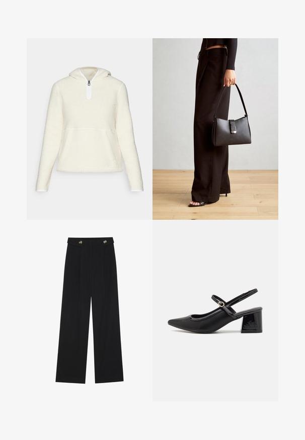 Fleece pullover in cream, featuring a half-zip front, hood, and front kangaroo pocket. Smooth inner lining and elastic cuffs.; Black wide-leg trousers with high waist, button details on waistband, and front pleats.; Black patent leather slingback heels with a pointed toe, a rounded cutout design, and a block heel. Features a gold-tone buckle accent.; Black handbag with structured shape, smooth texture, and a metallic clasp. Paired with wide black pants and open-toe sandals on wooden floor.