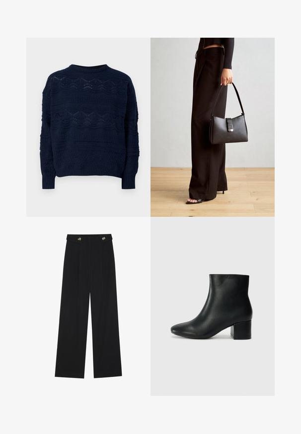 Maglione lavorato a maglia navy con design testurizzato caratterizzato da motivi in pizzo. Collo rotondo e polsini e orlo a coste.; Pantaloni neri a gamba larga con vita alta, dettagli con bottoni in vita e pieghe frontali.; Stivali neri in pelle fino alla caviglia con punta appuntita e tacco spesso. Texture liscia con minimi dettagli e un design elegante e aderente.; Borsa nera con forma strutturata, texture liscia e una chiusura metallica. Abbinata a pantaloni neri larghi e sandali open-toe su un pavimento in legno.