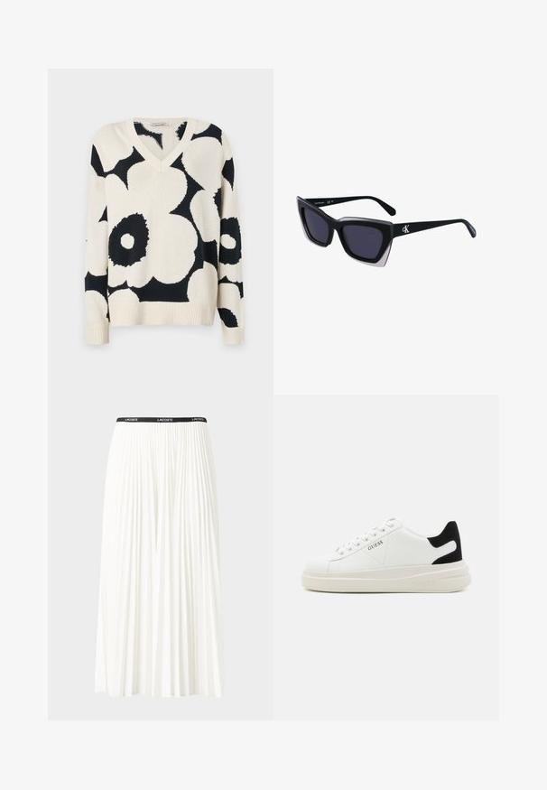 Marimekko PÄIVÄ UNIKKO - Pulóver - off white/dark grey; Plisszírozott fehér szoknya fekete elasztikus derékkal, amelyen a "LACOSTE" logó található. Középhosszú kialakítás, puha tapintással.; Fehér bőr sportcipők vastag fehér talppal, fekete velúr sarokpikkelyel és dombornyomott logóval az oldalon. Fűzős kialakítás, hat fűzőlyukkal.; Fekete, nagyméretű napszemüveg geometrikus formával, sötét lencsékkel és kontrasztos szürke részlettel a kereten. Logó a szárán.