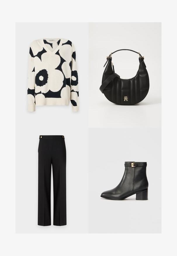 Marimekko PÄIVÄ UNIKKO - Maglione - off white/dark grey; Pantaloni neri a gamba larga con una texture liscia, frontale piatto e dettagli in ottone dorato in vita. Vestibilità sartoriale e design pulito.; Stivali alla caviglia in pelle nera con una texture liscia, punta arrotondata e un accento in metallo dorato sulla cinghia alla caviglia. Design con tacco a blocco.; Borsa a spalla in pelle nera con forma curva, texture trapuntata e dettagli in oro. Presenta una tracolla removibile e dettaglio del logo.