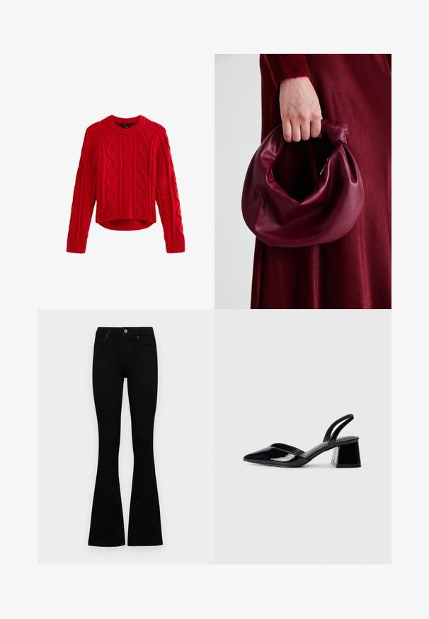 Red knitted sweater with a textured cable pattern, round neckline, and long sleeves. Cropped fit with ribbed hem detailing.; Black high-waist jeans with a button and zip closure, front pockets, and flared legs laid flat on a white background.; Black patent leather slingback heels with a pointed toe and a geometric block heel. Features a sleek, minimal design and smooth texture.; Burgundy leather handbag with a soft, gathered design and a rounded shape. The handle is secured, showcasing a smooth texture.