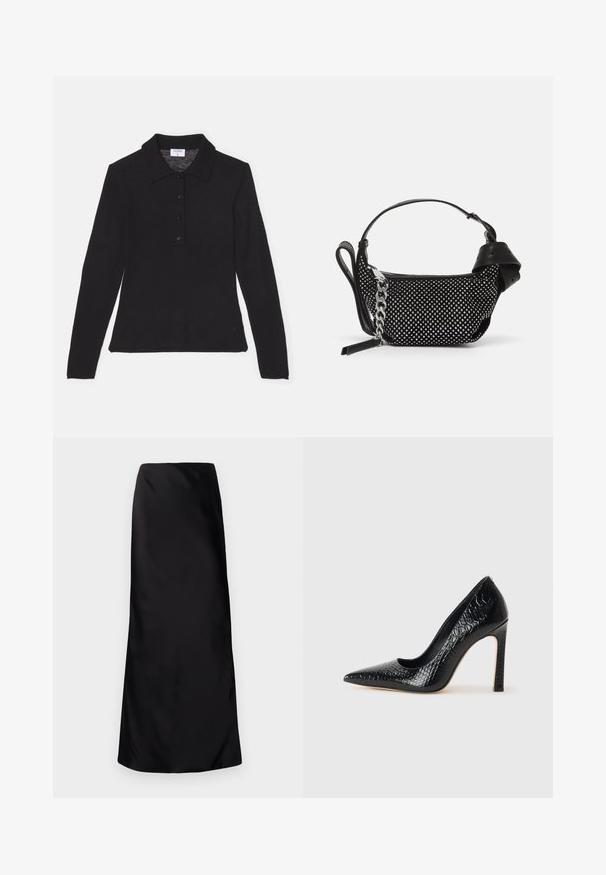 Schwarze Langarm-Hemd mit Kragen aus weichem Stoff, mit Knopfleiste und glatter Textur, bietet eine taillierte Silhouette.; Norma Kamali BIAS OBIE SKIRT - Maxirock - black; Schwarzer, spitz zulaufender High Heel mit Krokodilleder-Struktur, elegantem Design, hohem Stiletto-Absatz und glattem schwarzen Innenraum.; Schwarze Handtasche mit Nietenverzierungen, einer Kettenriemen und einem glatten Ledergriff, in runder Form und mit einem Reißverschlussfach.