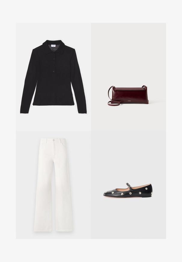 Svart långärmad skjorta med krage, tillverkad av mjukt tyg med knäppning fram och slät textur, som ger en figurnära silhuett.; Vita, högmidjade jeans med vida ben i denim. Har en knappstängning, två framfickor och sidsömmar med stickningsdetaljer.; Svart läder Mary Jane lägenhetssko med rund tå, prydd med silverfärgade cirkulära nitar och ett justerbart band med spänne.; Burgunderfärgad läderväska med lång rem, slät yta, rektangulär form, lockstängning och en tunn justerbar axelrem. Guld-logotyp synlig.