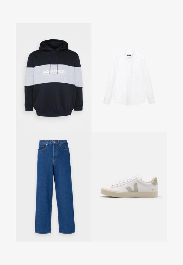 Hooded sweatshirt featuring a black body, gray horizontal stripe, and white text logo. Made from soft cotton blend with ribbed cuffs and hem.; White long-sleeve dress shirt with a button-down collar, front buttons, straight hem, and soft cotton fabric. Minimalist design without patterns.; Wide-leg blue jeans made of denim, featuring a high waist, five-pocket design, and contrast stitching along the seams and pockets.; White leather sneaker with beige accents, flat rubber sole, round toe, and contrasting logo on the side and back. Laced design.