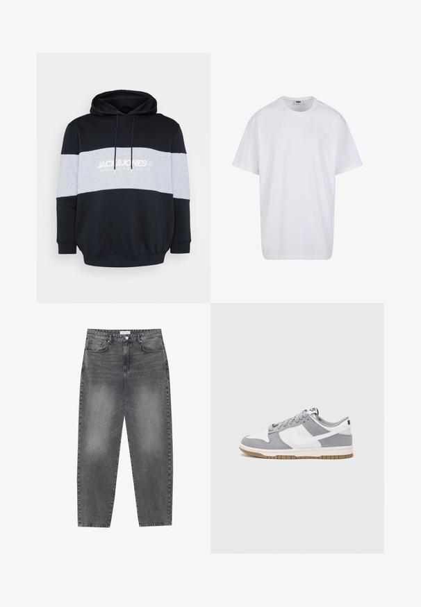 Kapuutsiga sweatpaita, millel on must keha, hall horisontaalne triip ja valge tekstilogo. Valmistatud pehmest puuvillasegistusest, ribidega varrukate ja hemiga.; Valge puuvillane t-särk lühikeste varrukatega, ümmarguse kaelusega, lõdva lõikega ja ilma nähtavate logodeta või mustriteta. Sile tekstuur ja minimaalne disain.; Kõrgema vöökohtadega, lõdva lõikega teksad, mis on valmistatud tuhmist mustast denimist. Selles on viis taskut, traksid ja puhas, sirge säärelõige.; Halli ja valge tennis鞋, millel on nubuk- ja nahkdetailid, ümar varvas, lamedad nöörid ning kummist tald, millel on kola aktsent.