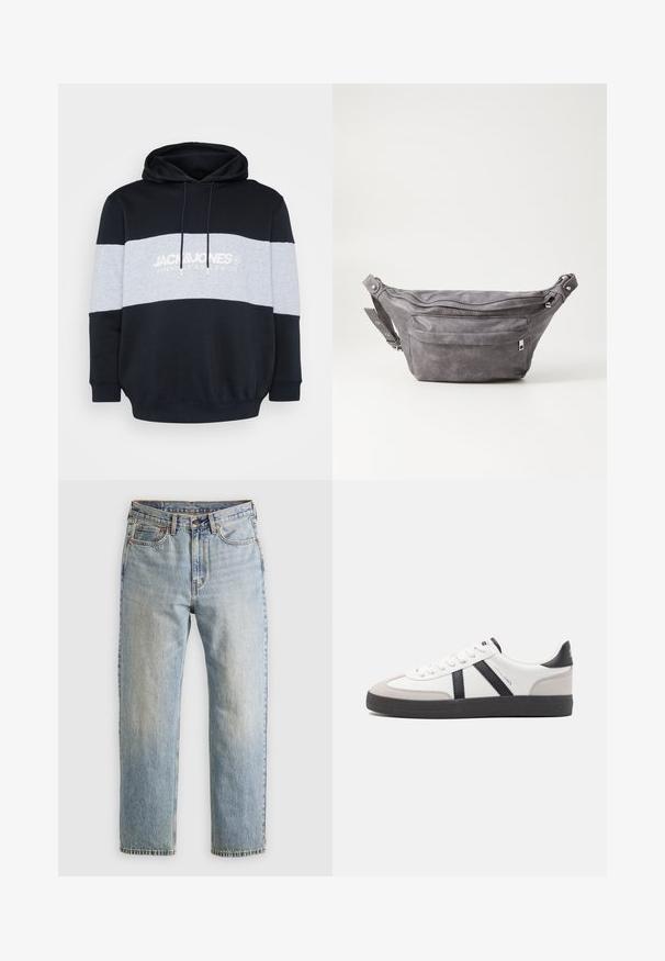 Kapių su gobtuvu džemperis, turintis juodą pagrindą, pilką horizontalų juostą ir baltą logotipą. Pagamintas iš minkštos medvilnės mišinio su įrašytais manžetais ir apvadu.; Šviesiai mėlynos džinsinės kelnės su aukštu liemeniu, priekyje mygtukas, užtrauktukas ir penkių kišenių dizainas, išklotos ant neutralios fono.; Balti sportbačiai su juodais ir pilkais akcentais, pasižymintys tekstūruotu pilku pirštų dangteliu, juoda gumine padais ir plokščiomis baltomis raišteliais. Švarus dizainas, minimalistinis stilius.; Pilkas suedes fanny pack'as apvalios formos, su dviem užtraukiamais skyreliais ir reguliuojama diržele. Yra metaliniai aksesuarai.