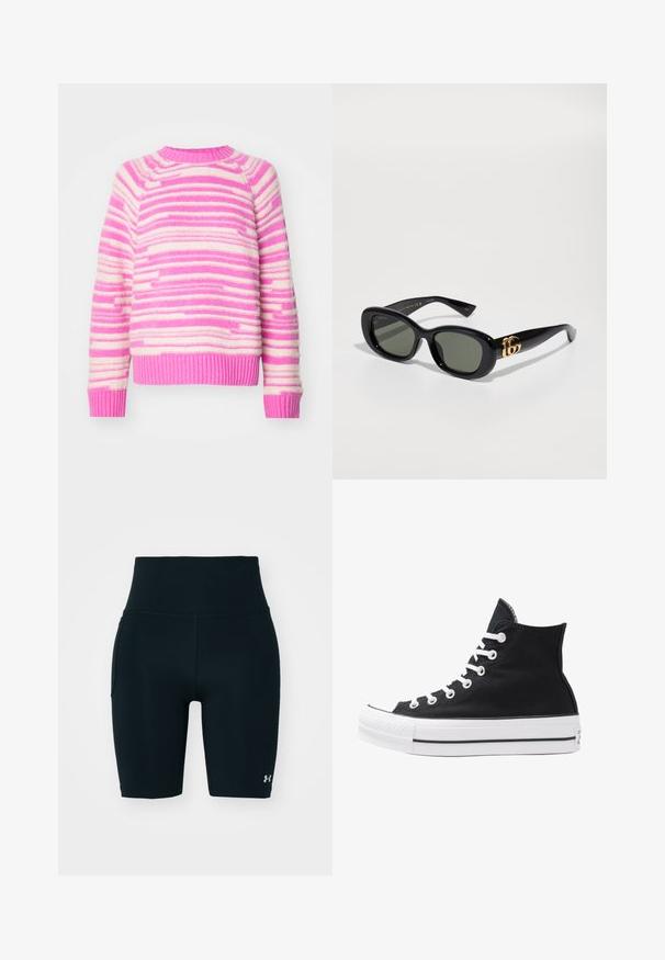Strickpullover mit horizontalen Streifen in Pink und Creme. Ribbelkragen und -bündchen, weicher Stoff und entspannter Schnitt.; Rosa Sporttrikot mit schwarzem Kragen, versehen mit dem Logo "URTRN", gepunktetem Farbverlaufsmuster und der Druckzahl "97" auf der Brust. Leichter Stoff.; Schwarze Sportshorts aus dehnbarem Material mit hohem Taillenbund und Seitentasche. Glatte Textur mit flachen Nähten und Logoakzent.; Schwarze High-Top-Canvas-Sneaker mit weißen Ösen, Schnürsenkeln und Gummisohle. Verfügt über eine strukturierte Zehenkappe und schwarz-weiße Streifenakzente.; Schwarze Kunststoffsonnenbrille mit grünen Gläsern, ovaler Form und goldfarbenem Logo-Detail an den Scharniere. Glatte Textur und glänzendes Finish.; Schwarze Nylon-Crossbody-Tasche mit verstellbarem Riemen, die ein auffälliges weißes Logo trägt. Wird über einem hellblauen T-Shirt getragen. Schlichtes, funktionales Design.