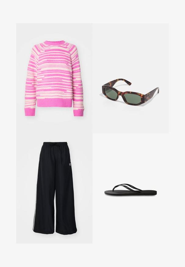 Strikkegenser med horisontale striper i rosa og krem. Ribbet halslinning og mansjetter, myk tekstur og avslappet passform.; Svart vide bukser laget av lett materiale. Har elastisk midjebånd med snor og hvite sidelister. Merkevarelogo på hoften.; Svart flip-flop med teksturert gummisåle, to slanke stropper og en subtil, preget logo på stroppen.; Skilpaddedekors solbriller med rektangulære grønne linser, bred ramme og tykke stenger. Har et elegant design og en glatt plastoverflate.