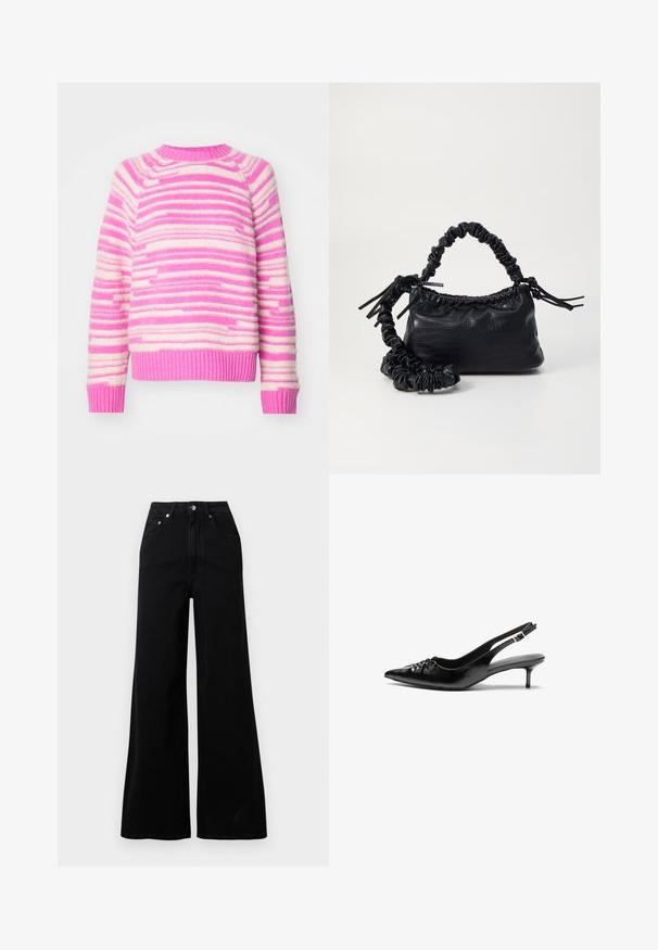 Strikkegenser med horisontale striper i rosa og krem. Ribbet halslinning og mansjetter, myk tekstur og avslappet passform.; Svarte vidbukse jeans laget av denim, med høyt liv, fem lommer, knapplukking foran og minimale sømdetaljer.; Svarte lær slingback-hæler med spiss tå, lav kitten-hæl og samlet detalj på vristen. Jevn tekstur og minimalistisk design.; Svart faux skinn-håndveske med krokodilletekstur, strammet topp og en rynket stropp. Ser myk og kompakt ut i designen.