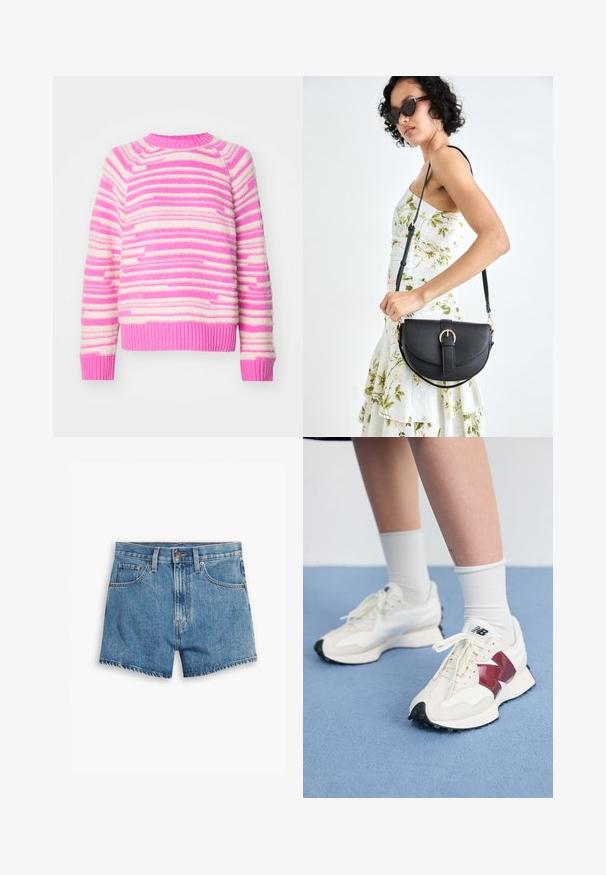 Kötött pulóver, amely vízszintes csíkozással rendelkezik rózsaszín és krém színben. Bordás nyakkivágás és mandzsetta, puha tapintás és laza fazon.; Világoskék farmer rövidnadrág, öt zsebbel, cipzáros megoldással és gombos záródással. A szegélyt megkoptatták, és laza szabású dizájn jellemzi.; Fehér sneaker pár, bordó kiegészítőkkel, texturált panelekkel, lapos fekete talppal és világos fűzőkkel, fehér bokazoknival viselve.; Fekete bőrtáska ívelt formával, levehető pánttal és arany színű fémrészekkel. A táskán egy csattal díszített fedél található.