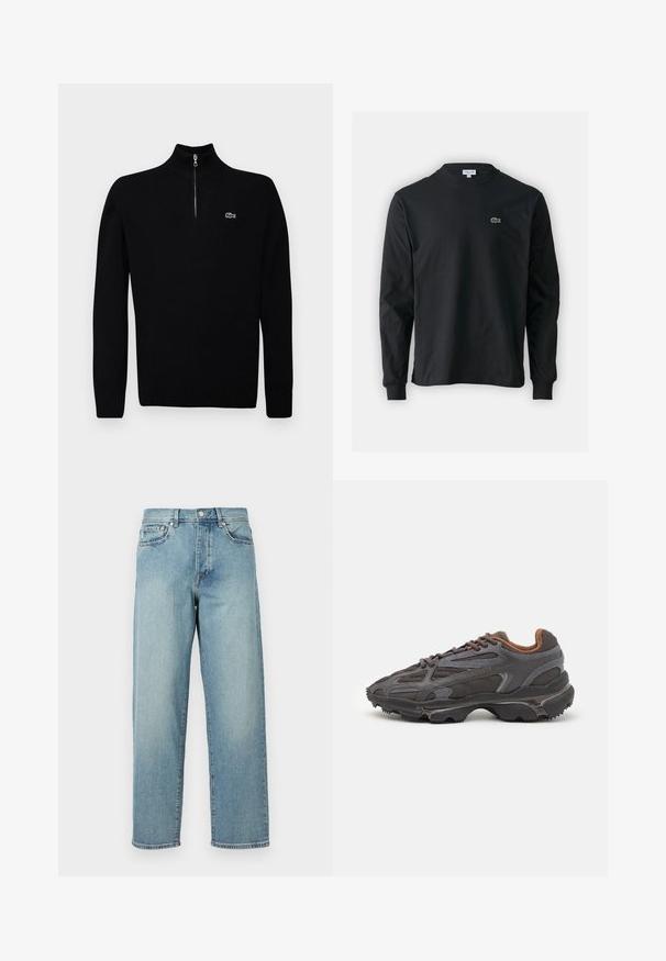 Sweater leve de cor preta com colarinho de meio zíper, punhos e barra canelados, apresentando um pequeno logótipo verde no peito.; Camisola preta de manga longa feita de algodão, com decote redondo e um pequeno logótipo de crocodilo bordado em verde no lado esquerdo do peito.; Jeans de denim azul claro com um corte solto, pernas retas, design de cinco bolsos e fecho de botão na cintura. Detalhe de costura minimalista.; Ténis Lacoste em cinza-escuro com material em malha e sintético, apresentando uma sola texturizada e detalhes castanhos na gola e na marca.