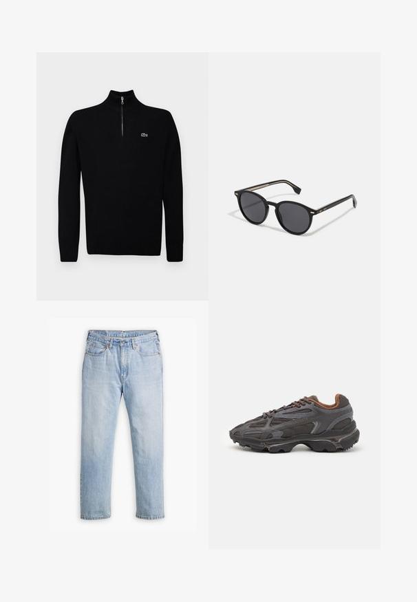 Czarny, lekki sweter z półzamkiem, z prążkowanymi mankietami i dołem, z małym zielonym logo na piersi.; Jasnoniebieskie dżinsy wykonane z denimu o prostym kroju, styl pięciu kieszeni i kontrastowe szwy. Zapięcie na guziki i zamek błyskawiczny w talii.; Sneakers Lacoste w ciemnoszarym kolorze, wykonane z siateczki i materiału syntetycznego, z teksturowaną podeszwą oraz brązowymi akcentami na kołnierzu i logotypie.; BOSS Okulary przeciwsłoneczne