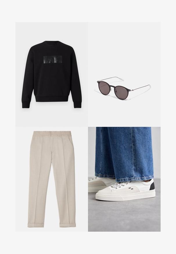 Melnā džemperī ar taisnstūra, spīdīgu melnu logo uzšuvumu, uz kura ir iepresētas burti "A" un "X" priekšpusē. Kokvilnas materiāls, riboti aproces.; Filippa K TERRY CROPPED TROUSERS - Auduma bikses - sage melange; Balti un melni apavi ar gludu ādas virsu, teksturētiem akcentiem un masīvu baltu zoli. Iespējojot klasisku šņorējamu dizainu.; Melni apaļi saulesbrilles ar tumšiem lēca un plānām metāla stangām. Iekļautas caurspīdīgas tempļu galviņas un sudraba akcenti pie eņģes. Minimalistisks dizains.