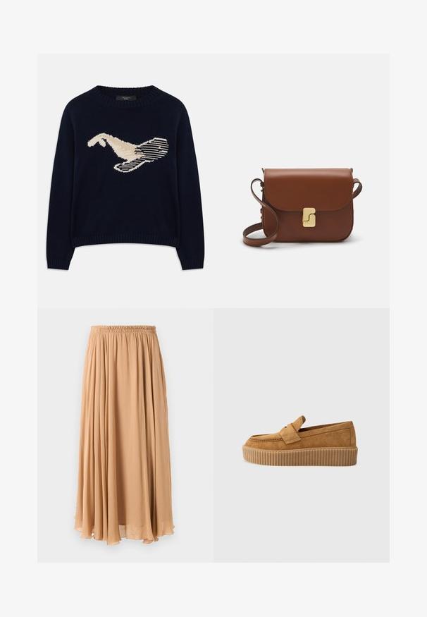 Tumed sinine kudum-sweater, millel on kreemjas värvuses lindude graafika. Kujundus sisaldab lineaarseid mustreid ning soonikkoes krae ja varrukaotsi.; Heledis beež seelik, valmistatud voolavast kangast. Omab kogutud elastset vöökoht ja pehmeid voldikesi liikumiseks.; Pruun nubukloafer ümmarguse varbaga, ribadega platvormi tallaga ja dekoratiivse rihmaga ülevalt.; Pruunist nahast käekott, millel on klapiga sulgur, kuldne riistvara, õlarihm ja sile tekstuur. Kompaktne ristkülikukujuline vorm.