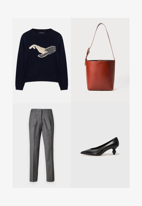 Marineblauwe gebreide trui met een crèmekleurige graphic van een vogel. Het ontwerp bevat lineaire patronen en een geribde halslijn en manchetten.; Grijze op maat gemaakte broek met een gladde textuur, twee voorplooien en een slim-fit ontwerp. Heeft een standaard tailleband en een rechte pijp.; Zwarte leren hoge hak schoen met een spitse neus en een ronde, bolle hak. Gladde textuur met een elegant, minimalistisch ontwerp.; Bruine lederen emmerzak met verstelbare schouderband en gouden gesp, eenvoudige verticale naaddetails aan de voorkant.