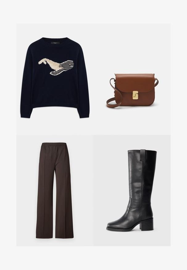 Tengerészkék kötött pulóver, amelyen egy krémszínű madár grafika található. A dizájn vonalas mintákat és bordázott nyakat, valamint mandzsettákat tartalmaz.; Sötétbarna anyagból készült, bő szárú nadrág, rugalmas derékkal, sima textúrával és letisztult vonalakkal a sikkes megjelenés érdekében.; Fekete bőr, térd fölé érő csizmák sima textúrával, négyzetes orral, tömbsarkúval és oldalsó húzófüllel, minimális varrási részletekkel.; Barna bőr kézitáska, hajtókás zárással, arany színű fém kiegészítőkkel, vállpánttal és sima felülettel. Kompakt téglalap alakú.