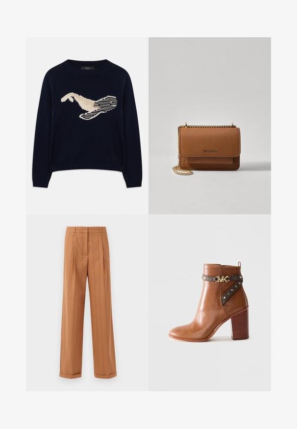 Marineblauwe gebreide trui met een crèmekleurige graphic van een vogel. Het ontwerp bevat lineaire patronen en een geribde halslijn en manchetten.; Bruine broek met streepdessin, uitgevoerd in een taillerende ontwerp met plooien, een rechte snit en een omgeslagen zoom. Gemaakt van een gladde stof.; Bruine leren enkellaars met een gestapelde blokhak, zijriem met gouden studs en een gouden "MK" logo gesp.; Bruine lederen schoudertas met textuur, voorzien van een gouden kettingstrap en klepsluiting. De voorkant heeft een logo-detail en een zak onder de klep.