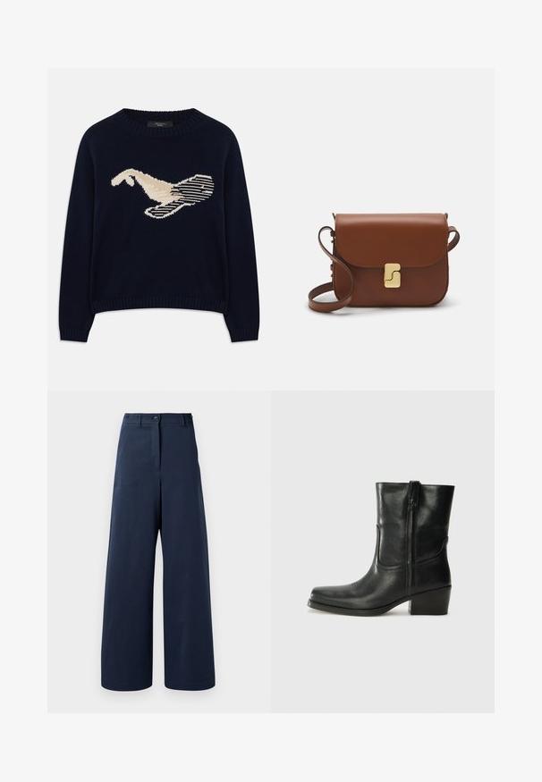 Tmavě modrý pletený svetr se smetanovým grafickým motivem ptáka. Design obsahuje liniové vzory a žebrovaný výstřih a manžety.; Námořnické široké kalhoty vyrobené z hladké tkaniny, s vysokým pasem, dvěma předními knoflíky, dvěma bočními kapsami a rovnými lemy.; Černá kožená kotníková bota s kulatou špičkou, blokovým podpatkem, bočním zipem a prošíváním na svršku. Hladký povrch, klasický design.; Hnědá kožená kabelka s klopou, zlatými kovovými detaily, ramenním popruhem a hladkým povrchem. Kompaktní obdélníkový tvar.