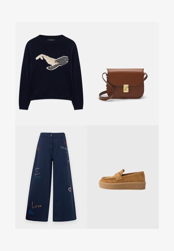 Navy blue knit sweater featuring a cream-colored graphic of a bird. The design includes linear patterns and a ribbed neckline and cuffs.; Navy blue wide-leg pants in cotton with multiple pockets. Features colorful embroidered text and graphics including hearts and playful phrases.; Brown suede loafer with a round toe, featuring a ribbed platform sole and a decorative strap across the upper.; Brown leather handbag with a flap closure, gold-tone hardware, a shoulder strap, and a smooth texture. Compact rectangular shape.