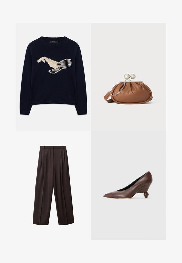Mörkblå stickad tröja med en krämfärgad grafik av en fågel. Designen inkluderar linjära mönster samt ribbade muddar och halsringning.; Breda byxor i mörkbrunt tyg. Funktioner inkluderar veck framtill, en midja med bälten, och sidofickor. Slät textur.; Brun läderwedge med spetsig tå och rund, bollformad klack. Slät yta med en enkel design och minimala detaljer.; Brun läderhandväska med silverkulklämma och en liten silversked på vit bakgrund.