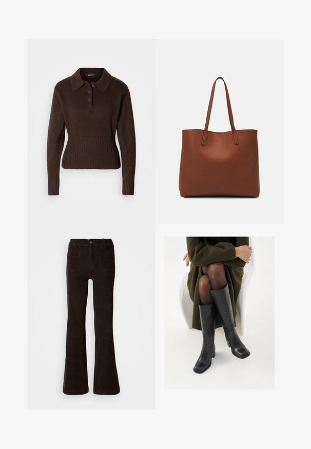 Rjav dolg rokav pleten pulover s ovratnikom, tremi gumbi na vratu ter rebrastim robom in manšetami, prikazan na beli podlagi.; Rjave manjšane hlače iz žametne tkanine z teksturirano površino, z zapiranjem na gumbe spredaj, z zankami za pas in dvema zadnjima žepoma.; Črne usnjene čevlje do kolen s kvadratnim prstom in blok peto, prikazani na modelu, ki sedi v olivno zeleni plašču. Gladka tekstura, minimalne podrobnosti.; Rjava usnjena torba z gladko teksturo, odprto zasnovo zgoraj in dvema naramnima trakovoma. Opremljena je z minimalnim šivanjem in brez vidnih kovinskih delov.