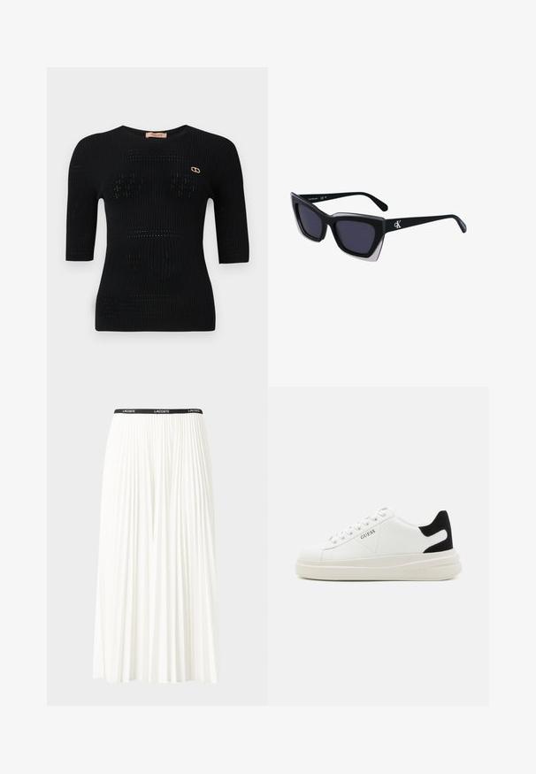 Top en maille côtelée noir à manches courtes, avec des motifs subtils et un accent de logo doré près de l'encolure.; Jupe plissée blanche avec une taille élastique noire portant le logo "LACOSTE". Design mi-long avec une texture douce.; Baskets en cuir blanc avec une épaisse semelle blanche, un accent en daim noir au niveau du talon et un logo embossé sur le côté. Design à lacets avec six œillets.; Lunettes de soleil noires surdimensionnées avec une forme géométrique, dotées de verres foncés et d'un détail gris contrastant sur la monture. Logo sur la branche.