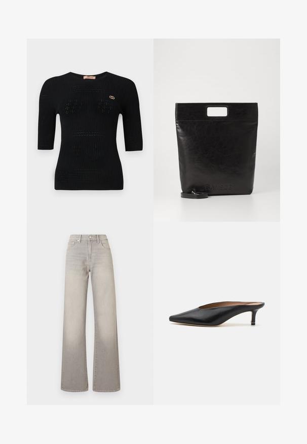 Top en maille côtelée noir à manches courtes, avec des motifs subtils et un accent de logo doré près de l'encolure.; Jean large gris avec une finition délavée, fermeture à bouton, design à cinq poches et coutures conçues le long des coutures.; Mules en cuir noir avec un bout pointu et un petit talon carré. Texture lisse avec un design épuré. Dos ouvert avec un minimum de détails.; Sac fourre-tout en cuir noir avec une poignée carrée, arborant une finition texturée et un logo en relief. Comprend une bandoulière amovible.