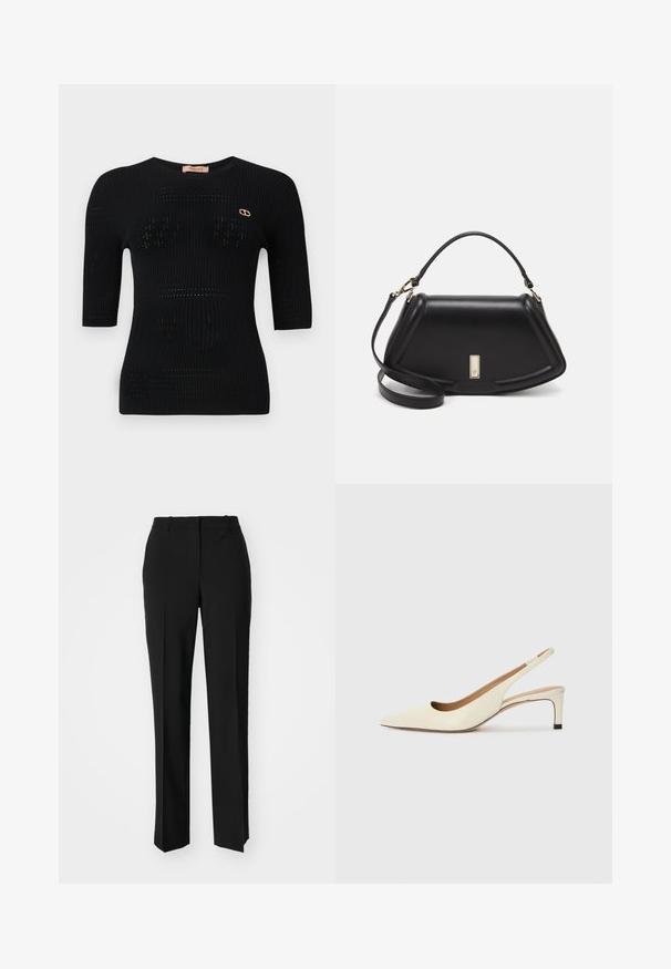 Fekete bordás kötött felső rövid ujjakkal, finom mintázattal és egy arany logós díszítéssel a dekoltázs közelében.; Fekete, testhezálló nadrág egyenes szárú kivitelben, sima textúrával és éles redőkkel az elején. Nincs látható fémalkatrész.; Fűzött orrú, elöl nyitott sarkú cipő, off-white bőrből készült, alacsony sarkú, kivágott dizájnnal, sima textúrával és minimalista kiegészítőkkel.; Fekete bőr kézitáska, strukturált dizájnnal, rövidített formával, felső fogantyúval és arany színű kiegészítőkkel. Állítható vállpánt is tartozik hozzá.