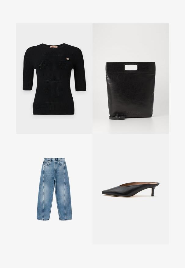 Svart ribbestrikket topp med korte ermer, med subtile mønstre og en gulllogo detajle nær utringningen.; Lyseblå denimjeans har en avslappet passform, store lommer og kontrasterende sømmer. Stoffet har en falmet finish med en jevn tekstur.; Sorte lærmules med spiss tå og lav, blokkert hæl. Glatt tekstur med et elegant design. Åpen bak med minimal detaljering.; Svart lær tote veske med firkantet håndtak, med teksturert overflate og preget logo. Inkluderer en avtagbar stropp.