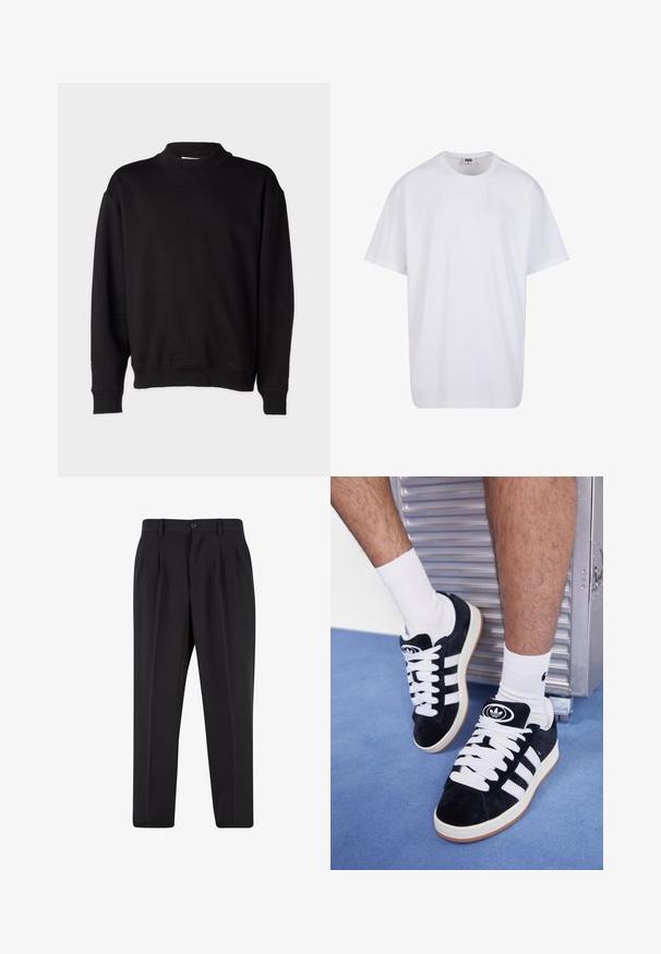 Mustaline sviiter kõrge soonikkoes kraega, pikad varrukad ja vabalt langev lõige. Pehme tekstuur koos soonikkoes mansettide ja alläärega.; Valge puuvillane t-särk lühikeste varrukatega, ümmarguse kaelusega, lõdva lõikega ja ilma nähtavate logodeta või mustriteta. Sile tekstuur ja minimaalne disain.; Mustad püksid, millel on voltidega eesmine disain, valmistatud siledast kangast. Omab nup closure ja vöökinnitusauke; sirge jalgade lõige.; Mustad nahkjalatsid valgete paelte ja kolme valge triibuga. Omab ümmargust musta logo keele peal ning kummist tallat.
