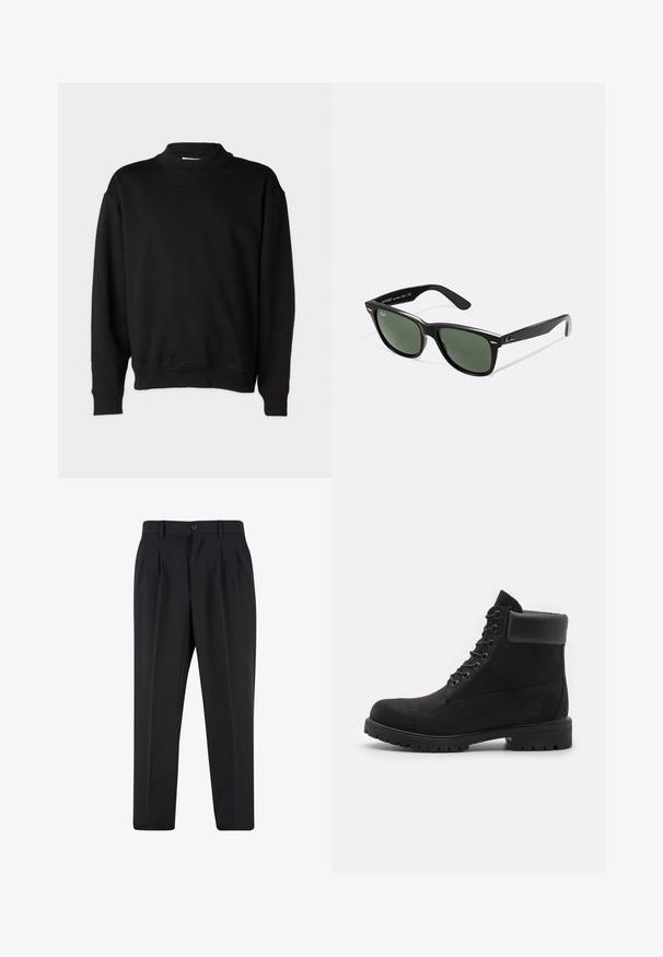 Black sweatshirt with a high, ribbed collar, long sleeves, and a relaxed fit. Soft texture with ribbed cuffs and hem.; Black trousers with a pleated front design, made from smooth fabric. Features a button closure and belt loops; straight-leg fit.; Black lace-up ankle boot with padded collar and rugged sole, shown in profile against a white background.; Black plastic sunglasses with green lenses, square frames, silver accent on the brow, and textured temple arms. Stated brand on inner arm.