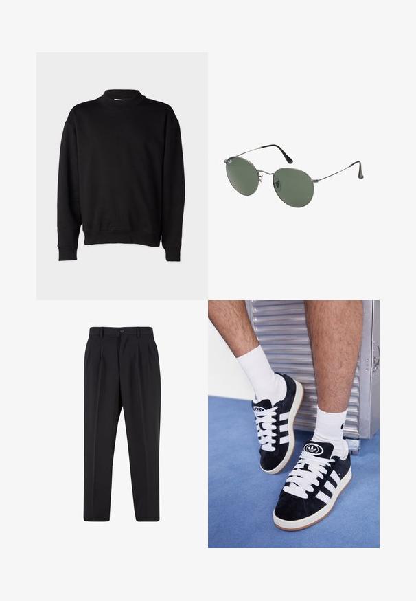 Black sweatshirt with a high, ribbed collar, long sleeves, and a relaxed fit. Soft texture with ribbed cuffs and hem.; Black trousers with a pleated front design, made from smooth fabric. Features a button closure and belt loops; straight-leg fit.; Black suede sneakers with white laces and three white stripes. Features a circular black logo on the tongue and a gum rubber sole.; Metal-framed sunglasses with oval green lenses. Thin silver metal frame and black ear tips. Minimalist design, no visible logos.