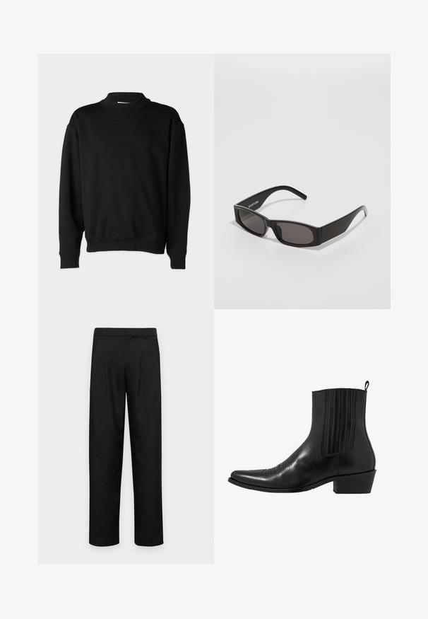 Črna pulover s visokim rebrastim ovratnikom, dolgimi rokavi in sproščenim krojem. Mehka tekstura z rebrastimi manšetami in robom.; Črne hlače iz gladkega materiala, s krojem ravne noge, dvema sprednjima pregiboma in standardnim pasom z zankami za pas.; Črne usnjene gležnjarje s koničastim nosom, elastičnimi stranskimi paneli, navpičnimi šivi in nizko blokasto peto.; Črne pravokotne sončna očala s temnimi lečami, gladkim plastičnim okvirjem in subtilnim logotipom na levem ročaju. Minimalistična zasnova.