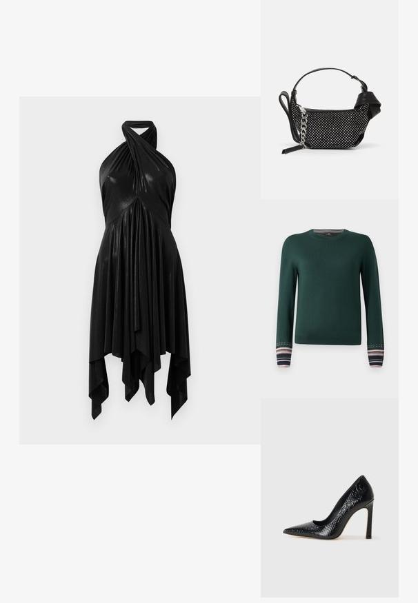 Grüner Pullover mit langen Ärmeln und Rundhalsausschnitt, mit gemusterten Bündchen in navy, pink und weißen Streifen. Aus weichem Strickstoff gefertigt.; Schwarzes Halsbandkleid mit einem drapierten Design. Hergestellt aus glänzendem Material, mit einem verdrehten Ausschnitt und asymmetrischem Saum. Glatte Textur.; Schwarzer, spitz zulaufender High Heel mit Krokodilleder-Struktur, elegantem Design, hohem Stiletto-Absatz und glattem schwarzen Innenraum.; Schwarze Handtasche mit Nietenverzierungen, einer Kettenriemen und einem glatten Ledergriff, in runder Form und mit einem Reißverschlussfach.