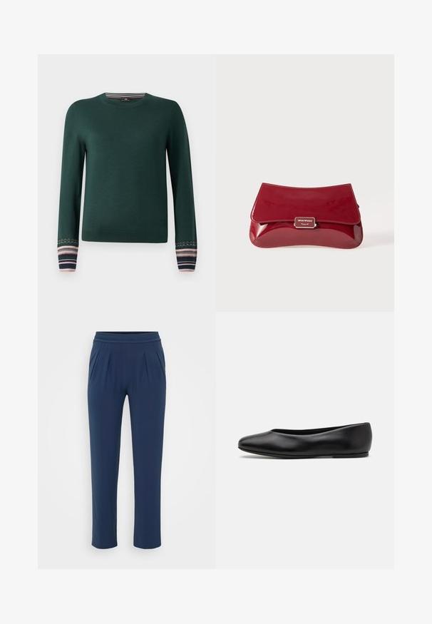 Grüner Pullover mit langen Ärmeln und Rundhalsausschnitt, mit gemusterten Bündchen in navy, pink und weißen Streifen. Aus weichem Strickstoff gefertigt.; Weißes Kurzarmbluse mit rundem Ausschnitt und rechteckigem Frontpaneel, auf einem schlichten Hintergrund präsentiert.; Marineblaues Hochbundhosen mit elastischem Bund, geraden weiten Beinen und seitlichen Taschen, vor einem schlichten Hintergrund präsentiert.; Paul Smith TOPANGA - Klassischer Ballerina - black; Rote Clutch aus Lackleder mit geschwungenem Design, umklappbarem Deckel und einem Metallschriftzug auf einer silberfarbenen Plakette. Glatte, glänzende Oberfläche.