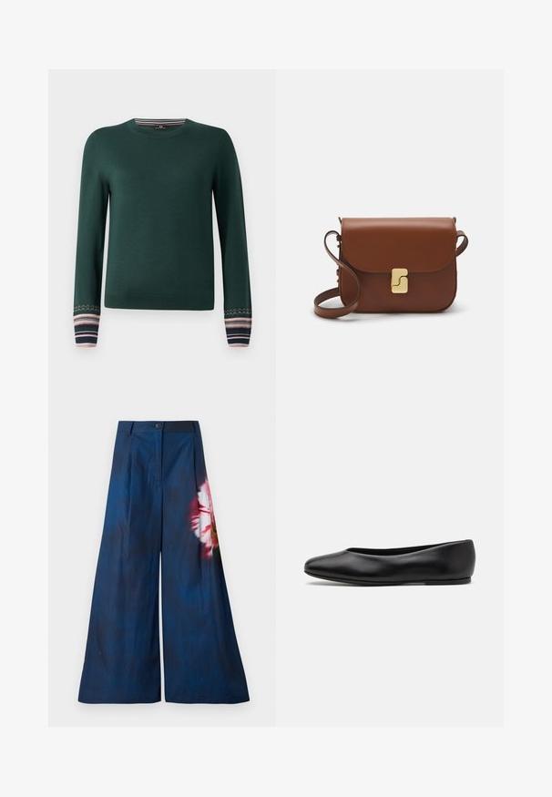 Pull vert à manches longues avec un col rond et des poignets à rayures marines, roses et blanches. Fabriqué en tissu tricoté doux.; Pantalons larges en tissu navy foncé, avec un motif floral rose et jaune d'un côté, et une fermeture à bouton à la taille.; Paul Smith TOPANGA - Ballerines - black; Sac à main en cuir marron avec une fermeture à rabat, des accents en métal doré, une bandoulière et une texture lisse. Forme rectangulaire compacte.