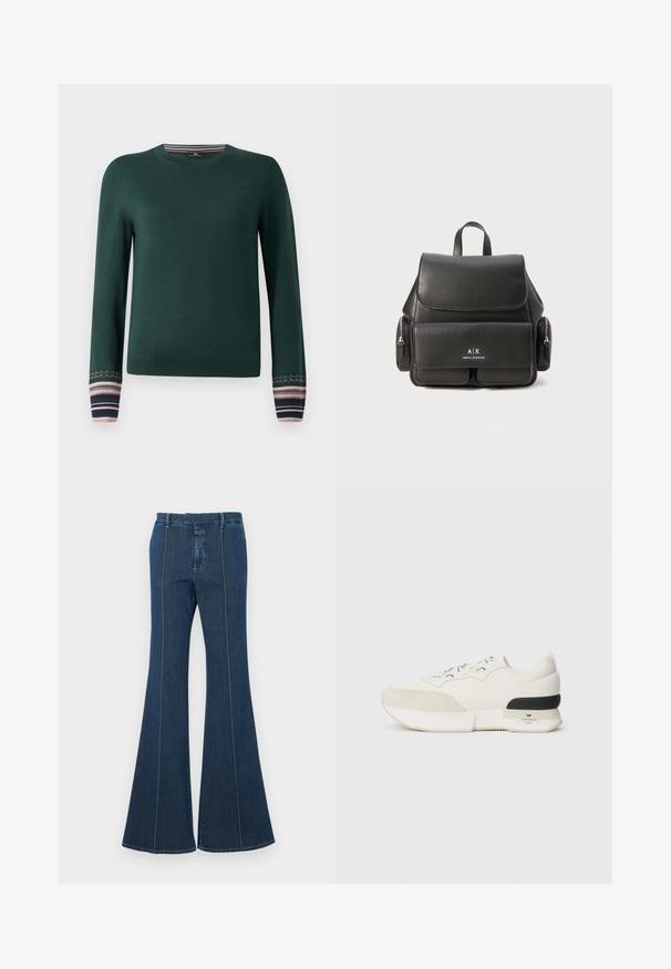 Grüner Pullover mit langen Ärmeln und Rundhalsausschnitt, mit gemusterten Bündchen in navy, pink und weißen Streifen. Aus weichem Strickstoff gefertigt.; Dunkelblaue, ausgestellte Denim-Hosen mit strukturierten Nähten und einem sauberen Finish. Verfügt über einen mittelhohen Bund und weite, fließende Beine.; Weißer Sneaker mit einer strukturierten Wildleder-Zehenkappe, glattem Mesh-Obermaterial, dekorativen Schnürsenkeln und einem schwarzen Gummibezug an der Ferse.; Schwarzer Leder-Rucksack mit Klappenverschluss, Fronttasche, seitlichen Reißverschlusstaschen und einem oberen Griff. Mit Logodetails auf der Vorderseite.