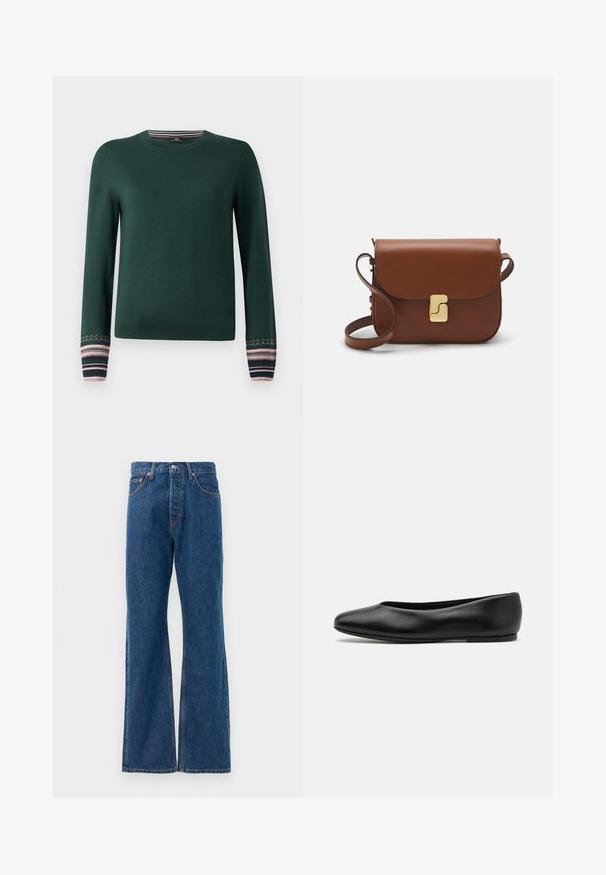Zeleni džemper dugih rukava s običnim izrezom i uzorkom na manžetama u tamnoplavoj, ružičastoj i bijeloj prugastoj kombinaciji. Napravljen od mekanog pletenog materijala.; Plave traperice s flared krojem i visokim strukom, sa pet džepova, srebrnim zatvaranjem na dugme i vidljivim šavovima.; Paul Smith TOPANGA - Balerinke - black; Smeđa kožna torba s preklopom, zlatnim detaljima, remenom za nošenje preko ramena i glatkom teksturom. Kompaktni pravokutni oblik.