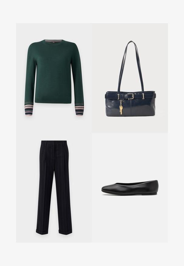 Grüner Pullover mit langen Ärmeln und Rundhalsausschnitt, mit gemusterten Bündchen in navy, pink und weißen Streifen. Aus weichem Strickstoff gefertigt.; Schwarz gestreifte Hose mit tailliertem Schnitt, mit einem umgeschlagenen Saum und vorderen Falten. Hergestellt aus glattem Stoff mit einer strukturierten Gestaltung.; Paul Smith TOPANGA - Klassischer Ballerina - black; Marineblaue Lederhandtasche mit zwei langen Griffen, einer Schnallen-Detailierung und einem daran befestigten Schlüsselanhänger. Besitzt eine glatte Textur und eine rechteckige Form.