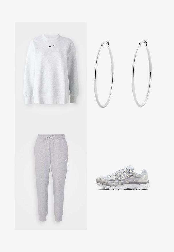 Sivá mikina vyrobená z mäkkej tkaniny s okrúhlym výstrihom, spadnutými ramenami, rebrovanými manžetami a malým čiernym logom Nike na hrudi.; Svetlosivé tepláky s nastaviteľným pásom, zúženými nohavicami a malým bielym logom na ľavom stehne. Vyrobené z mäkkej, štruktúrovanej tkaniny.; Svetlo šedé športové topánky s vrchom z ďalekého a syntetického materiálu, so šnurovacím uzáverom, polstrovaným golierom a štruktúrovanou podrážkou pre lepšiu priľnavosť.; Strieborné náušnice kruhy s hladkým, lešteným povrchom a bezšvovým dizajnom, ktoré majú zaoblené okraje a bezpečné zapínanie.