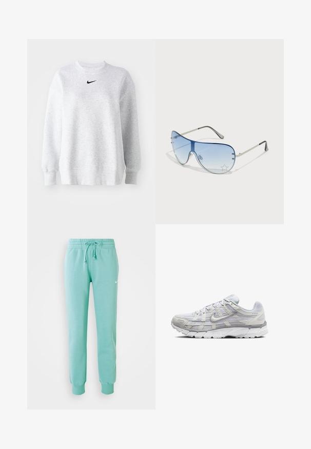 Szürke pulóver puha anyagból, kerek nyakkivágással, ejtett vállakkal, bordázott mandzsettákkal és egy kis fekete Nike logóval a mellkason.; Menta zöld melegítőnadrág, gumis derékkal, húzózsinórral és bordás mandzsettával. A bal combján egy kis fehér Nike logó található.; Világosszürke sportcipők, hálós és szintetikus felső résszel, fűzős zárással, párnázott bokával és texturált talppal a tapadás érdekében.; Pilóta napszemüveg, melynek áttetsző kék lencséje, ezüst fém kerete és díszes csillag díszítések találhatók a lencsén. Simogató és elegáns dizájn.