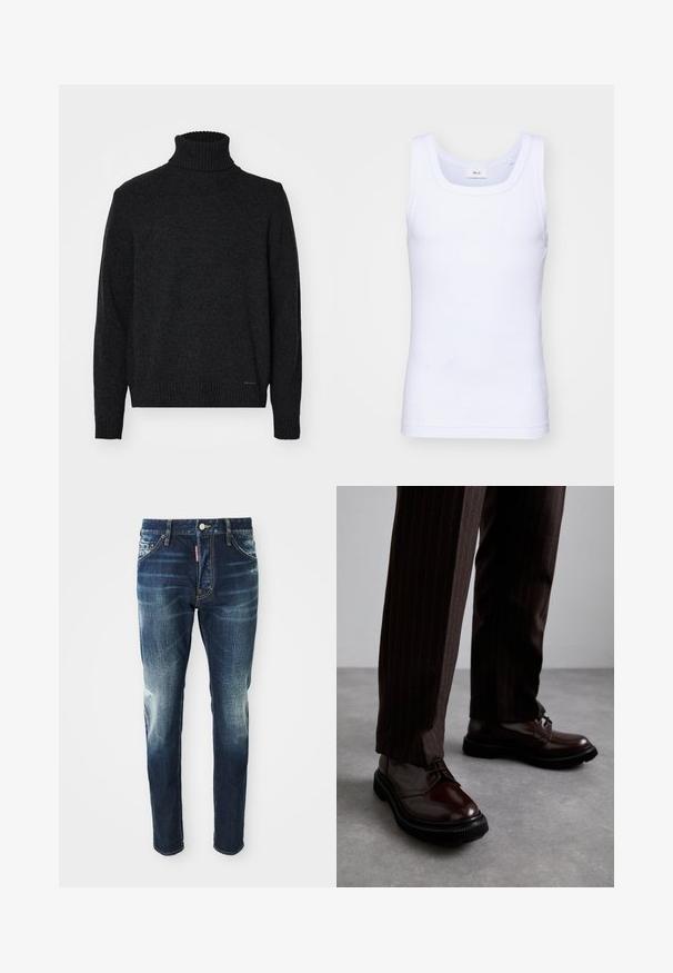 Black turtleneck sweater made from soft fabric, featuring a ribbed neck, cuffs, and hem, with a smooth texture and no visible patterns.; White cotton sleeveless tank top with a round neckline, featuring a smooth texture and a fitting shape, designed for casual wear.; Dark blue denim jeans with a slim fit, featuring faded areas on the thighs and knees, five pockets, and a metal button closure.; Brown leather lace-up shoes with a glossy finish, black rubber sole, and subtle stitching. Worn with pinstriped brown trousers.