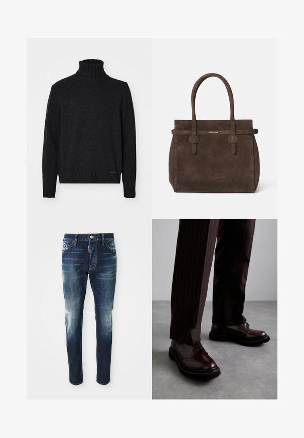 Zwarte coltrui gemaakt van zachte stof, met een geribbelde kraag, manchetten en onderrand, met een gladde textuur en zonder zichtbare patronen.; Witte katoenen mouwloze tanktop met een ronde halslijn, met een gladde textuur en een aansluitende pasvorm, ontworpen voor casual gebruik.; Donkerblauwe spijkerbroek met een slim fit, met vervaagde gebieden op de bovenbenen en knieën, vijf zakken en een metalen knoopsluiting.; Bruine leren veterschoenen met een glanzende afwerking, zwarte rubberen zool en subtiele stiksels. Draag ze met bruin gestreepte broek.; Donkerbruin suède tote bag met dubbele handvatten en een horizontale strap met een klein gouden DSQUARED2 logo plaatje.