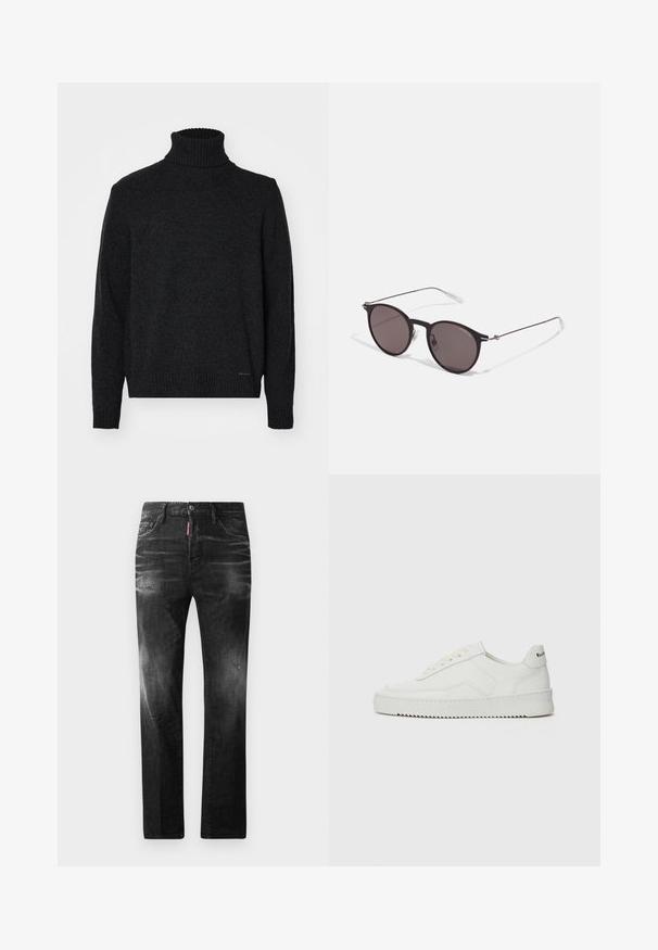 Pull en col roulé noir en tissu doux, avec un col, des poignets et un ourlet côtelés, présentant une texture lisse et sans motifs visibles.; T-shirt en coton noir avec un col rond, des manches courtes et le logo "EMPORIO ARMANI" en blanc au-dessus de "Milano" dans un design incurvé.; Jean en denim noir avec une coupe droite. Présente des zones décolorées, un léger effet usé, un design classique à cinq poches et une fermeture à bouton.; Baskets en cuir blanc avec une finition lisse, bout arrondi, lacets plats et semelle texturée. Présente un logo discret sur le talon.; Lunettes de soleil noires rondes avec verres sombres et branches en métal fines. Comprend des embouts transparents et des accents argentés au niveau de la charnière. Design minimaliste.