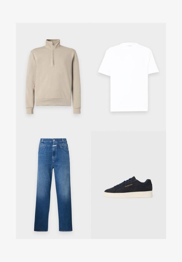 Beige mock neck sweatshirt med halv-zip foran, lange ermer og ribbede mansjetter og hem. Myk stofftekstur, minimalistisk design.; Hvit bomulls T-skjorte med rund hals, korte ermer og en avslappet passform. Glatt tekstur, minimal dekorasjon og ingen mønstre eller grafikk.; Blå denim jeans med rette ben, som har knappelukking, belteholdere og subtil falming på lårene.; Marineblå ankelhøyde sneakers i semsket skinn med hvit såle, marineblå snøringer, og "Filling Pieces"-logo i gull på siden.