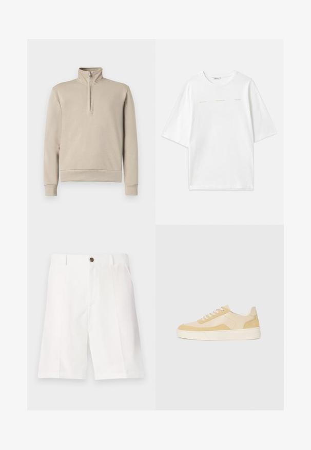 Bežna majica s polo ovratnikom in pol zadrgo spredaj, dolgi rokavi ter rebrastimi manšetami in robom. Mehka tekstura tkanine, minimalističen dizajn.; Bela bombažna majica z oversized obliko, okruglim izrezom, kratkimi rokavi in tiskanimi besedilnimi akcenti v svetlo bež barvi. Gladko teksturo.; Bela bermudska kratka hlače iz lahkega materiala z sproščenim krojem, ki imajo en sam rjav gumb in sprednje žepe.; Tenisice v svetlo rumeni usnjeni in semiš varianti, z udobnim podplatom in šivi. Klasična zasnova z vezalkami in okroglo konico.